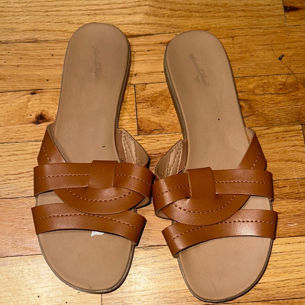Universal Thread Brown Leather Sandals Flat Slip-… - image 1